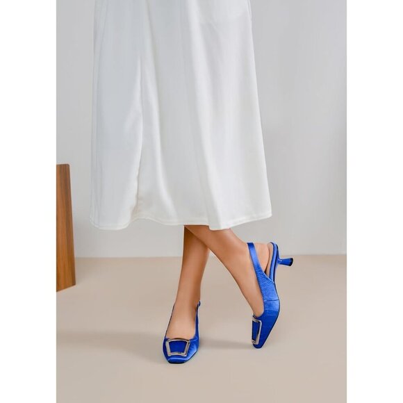 SICARE Slingback Kitten Heels Synthetic Black Closed Square Toe Low Heel Pumps - Picture 4 of 9